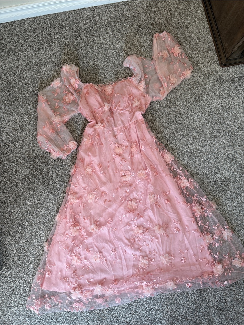 Girls' Pink 3D Floral Tulle Party Dress with Puff Sleeves